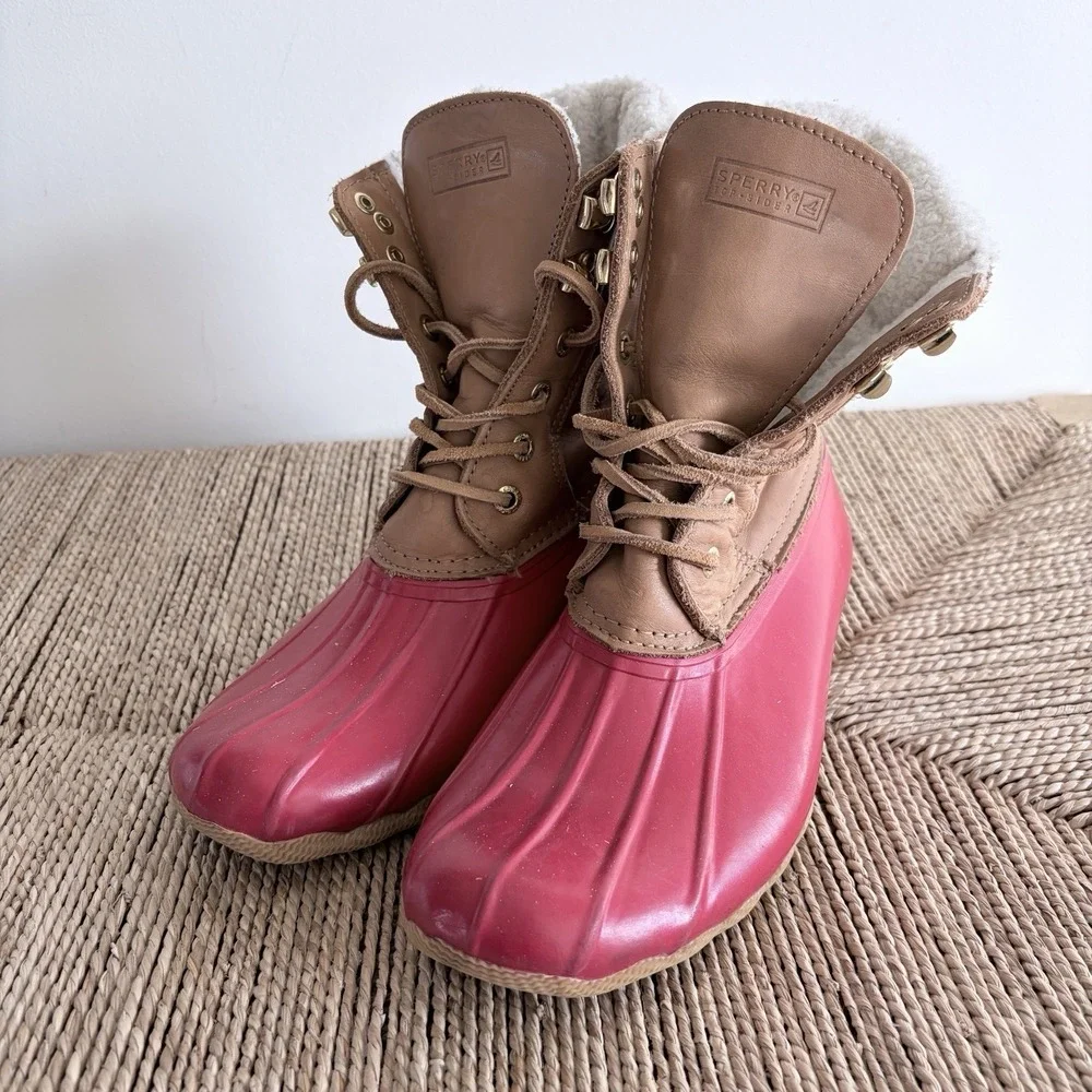Sperry Top Sider Lace-Up Women Waterproof Duck Rain Rubber Boots Sz 8 Red NO ZIP